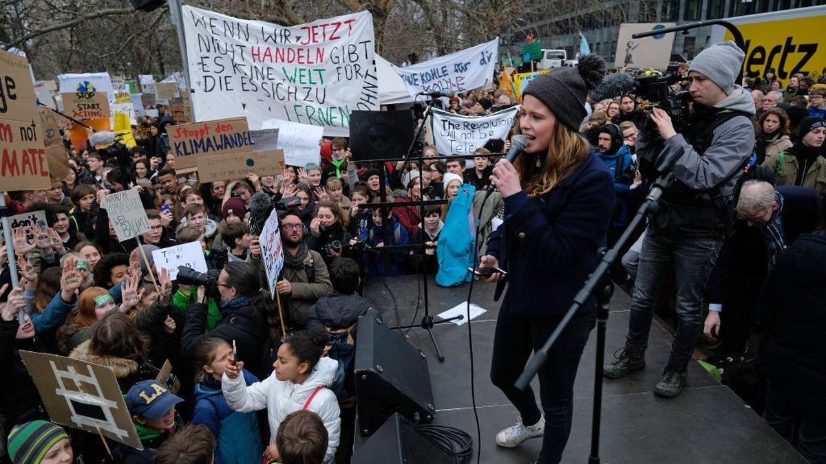 BERLIN, GERMANY - MARCH 15: Climate activist Luisa Neubauer speaks at a FridaysForFuture climate protest march on March 15, 2019 in Berlin, Germany. According to organizers striking students took to t ...
