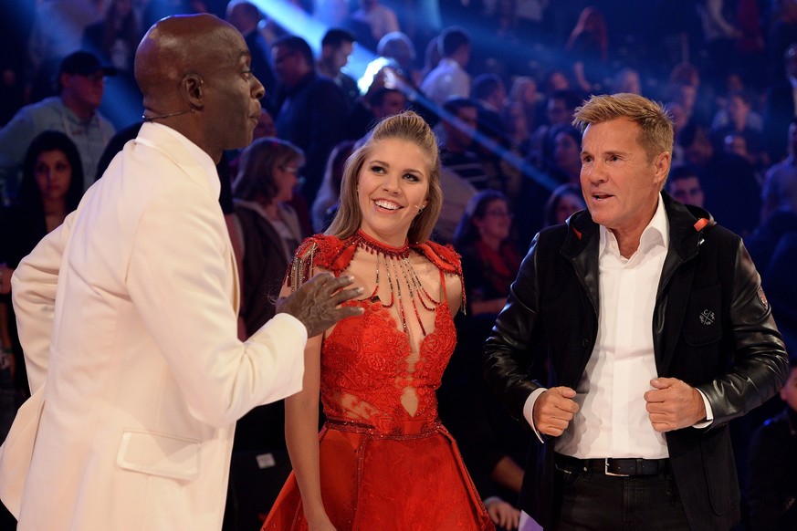 COLOGNE, GERMANY - DECEMBER 17: (L-R) Bruce Darnell, Victoria Swarovski and Dieter Bohlen react during the finals of the tv show &#039;Das Supertalent&#039; at MMC studios on December 17, 2016 in Colo ...