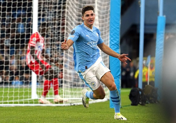 Manchester City v Red Star Belgrade - UEFA Champions League - Group G - Etihad Stadium Manchester City s Julian Alvarez scores their side s first goal of the game during the UEFA Champions League Grou ...