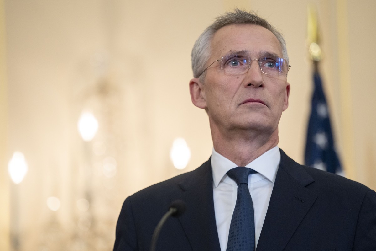 08.02.2023, USA, Washington: Jens Stoltenberg, Nato-Generalsekretär, nimmt an einer Pressekonferenz mit US-Außenminister Blinken im US-Außenministerium teil. Foto: Jacquelyn Martin/AP/dpa +++ dpa-Bild ...