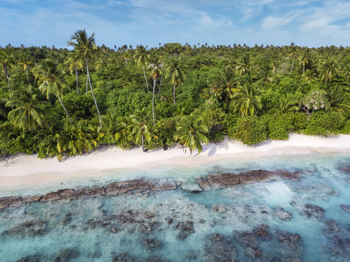 Creative Highlights World Maldives, Kolhumadulu Atoll, Aerial view of forested coastline of Kanimeedhoo island KNTF06389