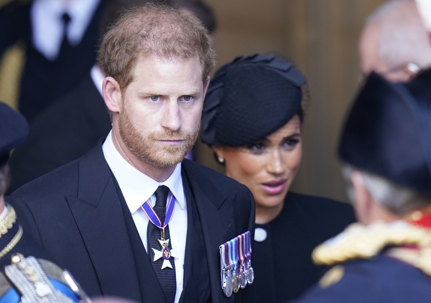 LONDON, ENGLAND - SEPTEMBER 14: Prince Harry and Meghan, Duchess of Sussex leave Westminster Hall, London after the coffin of Queen Elizabeth II was brought to the hall to lie in state ahead of her fu ...