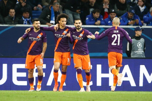 Ilkay Gundogan (Manchesteer City), Leroy Sane (Manchesteer City) und Sergio Aguero (Manchesteer City) bejubeln das 1:1, TSG 1899 Hoffenheim vs Manchester City, Fussball, Champions League, 02.10.2018 U ...