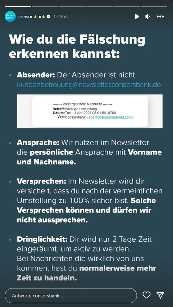 Die Consorsbank erklärt ihrer Kundschaft, wie sie die Fake-E-Mail identifizieren können.