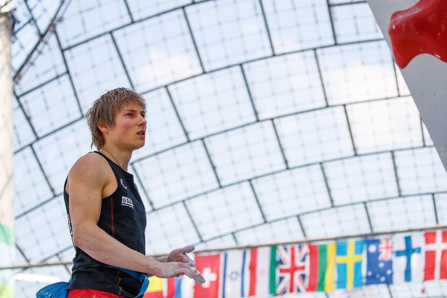 MUNICH, GERMANY - MAY 19: Alexander Megos of Germany competes during the semifinals of the IFSC Climbing World Cup Munich on May 19, 2019 in Munich, Germany.