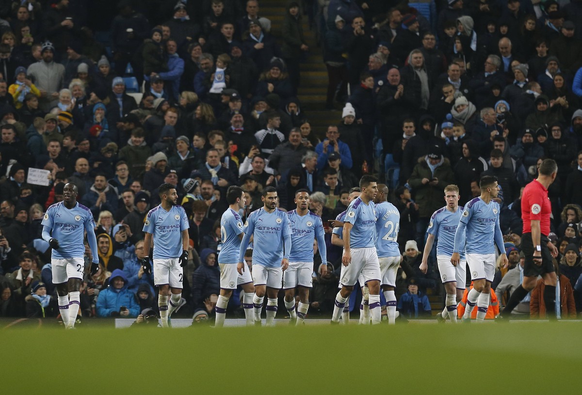 Football - 2019 / 2020 Premier League - Manchester City vs. Everton Manchester City celebrate the second goal by Gabriel Jesus, at The Etihad Stadium. COLORSPORT/ALAN MARTIN PUBLICATIONxNOTxINxUK