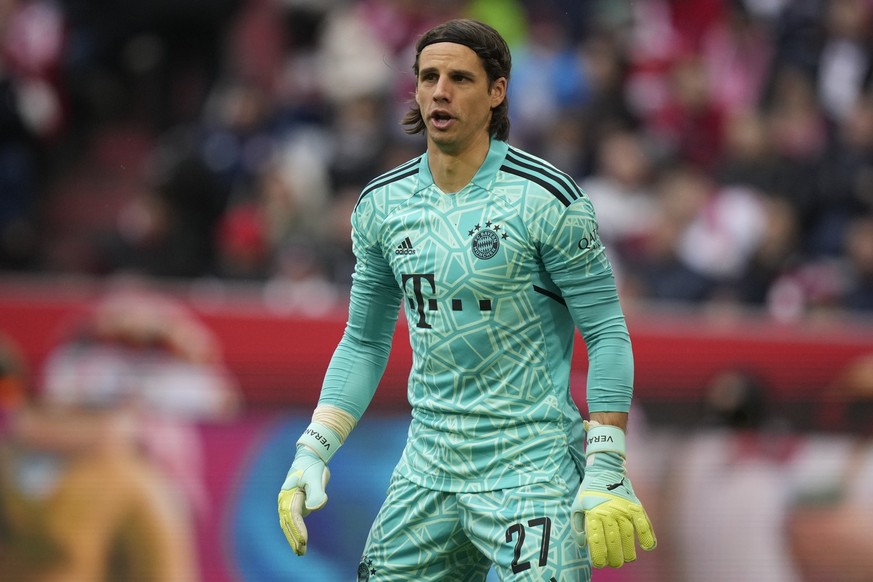 Bayern&#039;s goalkeeper Yann Sommer reacts during the German Bundesliga soccer match between Bayern Munich and 1899 Hoffenheim, at the Allianz Arena stadium in Munich, Germany, Saturday, April 15, 20 ...