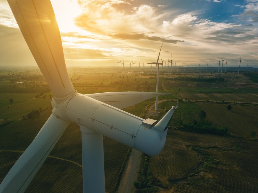 Wind turbine from aerial view. Sustainable development, environment friendly concept. Wind turbine give renewable energy, sustainable energy, alternative energy. Wind sustainability energy.