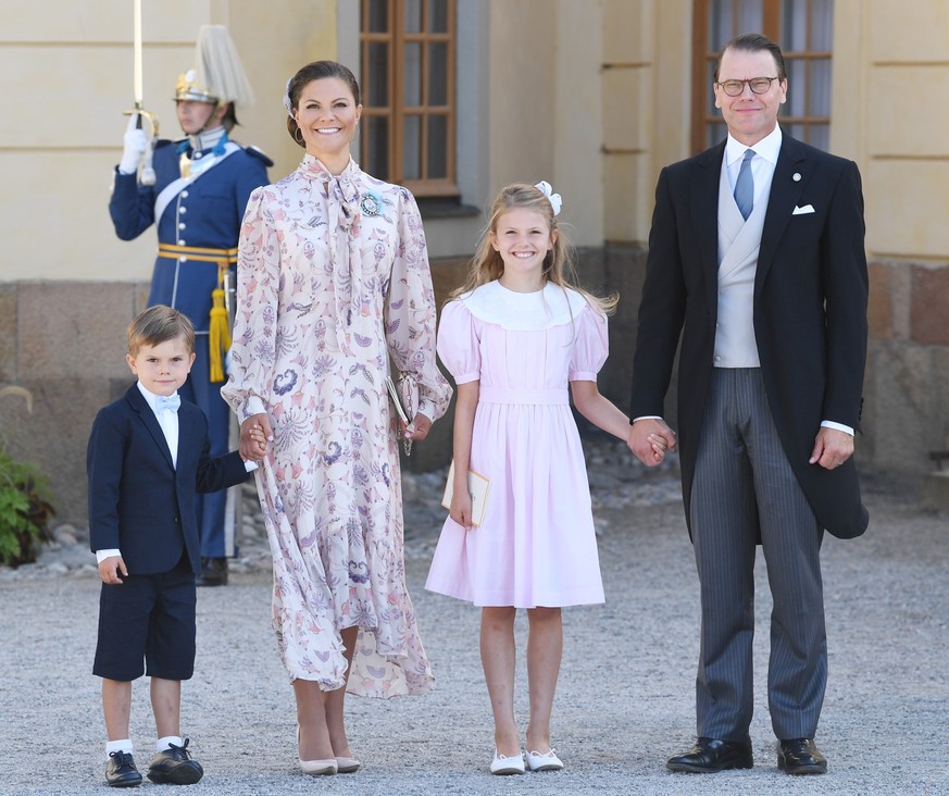 STOCKHOLM, SWEDEN - AUGUST 14: Princess Victoria, Princess Estelle, Prince Oscar and Prince Daniel attend Prince Julian&#039;s baptism outside Drottningholm Castle Chapel on August 14, 2021 in Stockho ...