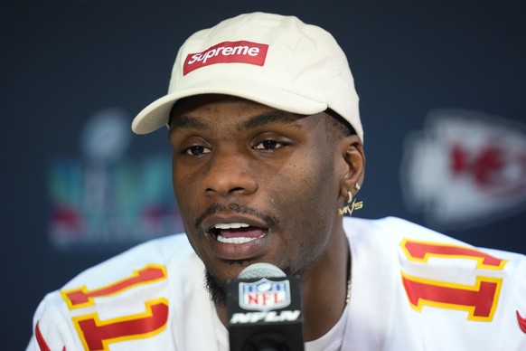 Kansas City Chiefs wide receiver Marquez Valdes-Scantling answers a question during an NFL football Super Bowl media availability in Scottsdale, Ariz., Tuesday, Feb. 7, 2023. The Chiefs will play agai ...