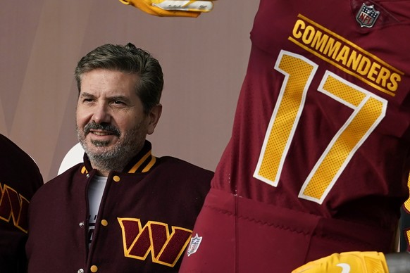 FILE - Washington Commanders&#039; Dan Snyder poses for photos during an event to unveil the NFL football team&#039;s new identity, Feb. 2, 2022, in Landover, Md. Snyder and his organization are the s ...