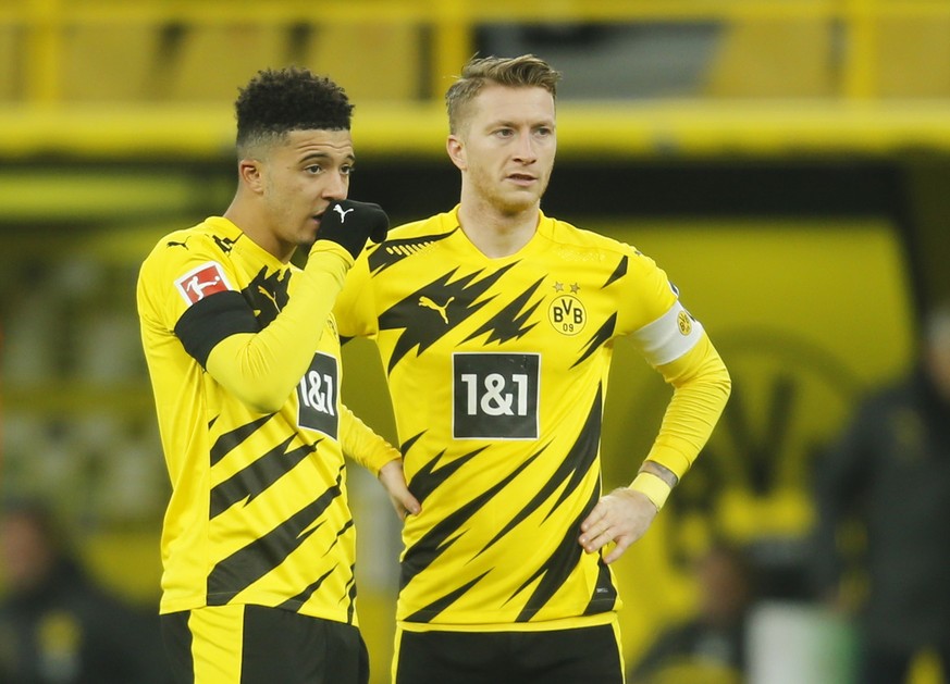 Soccer Football - Bundesliga - Borussia Dortmund v FC Cologne - Signal Iduna Park, Dortmund, Germany - November 28, 2020 Borussia Dortmund&#039;s Jadon Sancho with Marco Reus during the match Pool via ...