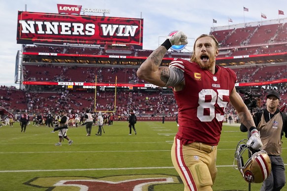 San Francisco 49ers tight end George Kittle (85) celebrates after the 49ers defeated the New Orleans Saints in an NFL football game in Santa Clara, Calif., Sunday, Nov. 27, 2022. (AP Photo/Godofredo A ...