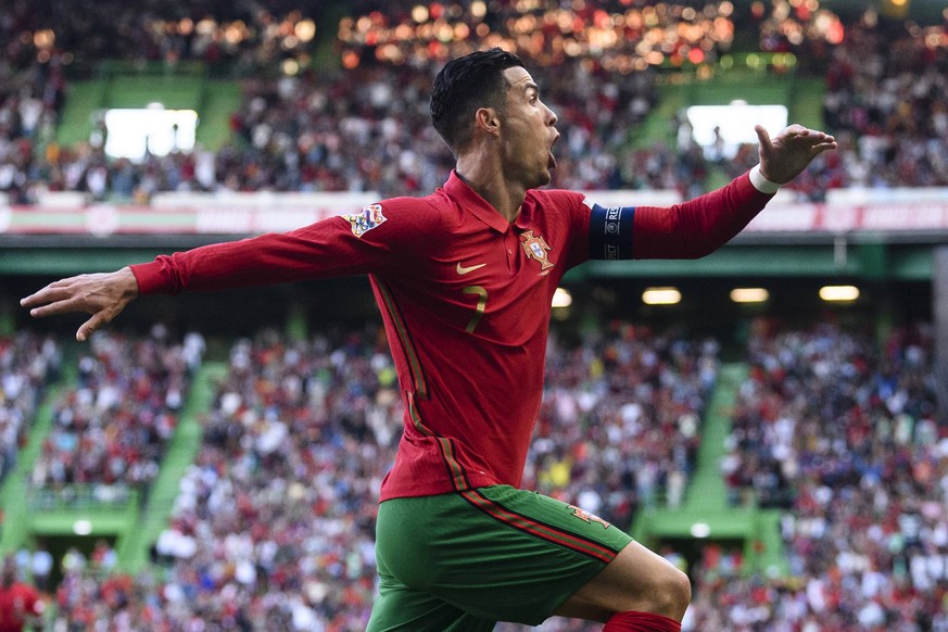 LISBON, PORTUGAL - JUNE 05: Cristiano Ronaldo of Portugal celebrates his goal during the UEFA Nations League League A Group 2 match between Portugal and Switzerland at Estadio Jose Alvalade on June 5, ...