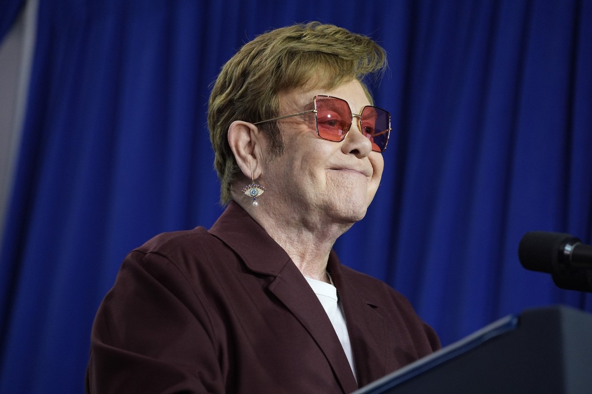 Elton John speaks at the grand opening ceremony for the Stonewall National Monument Visitor Center, Friday, June 28, 2024, in New York. (AP Photo/Evan Vucci)