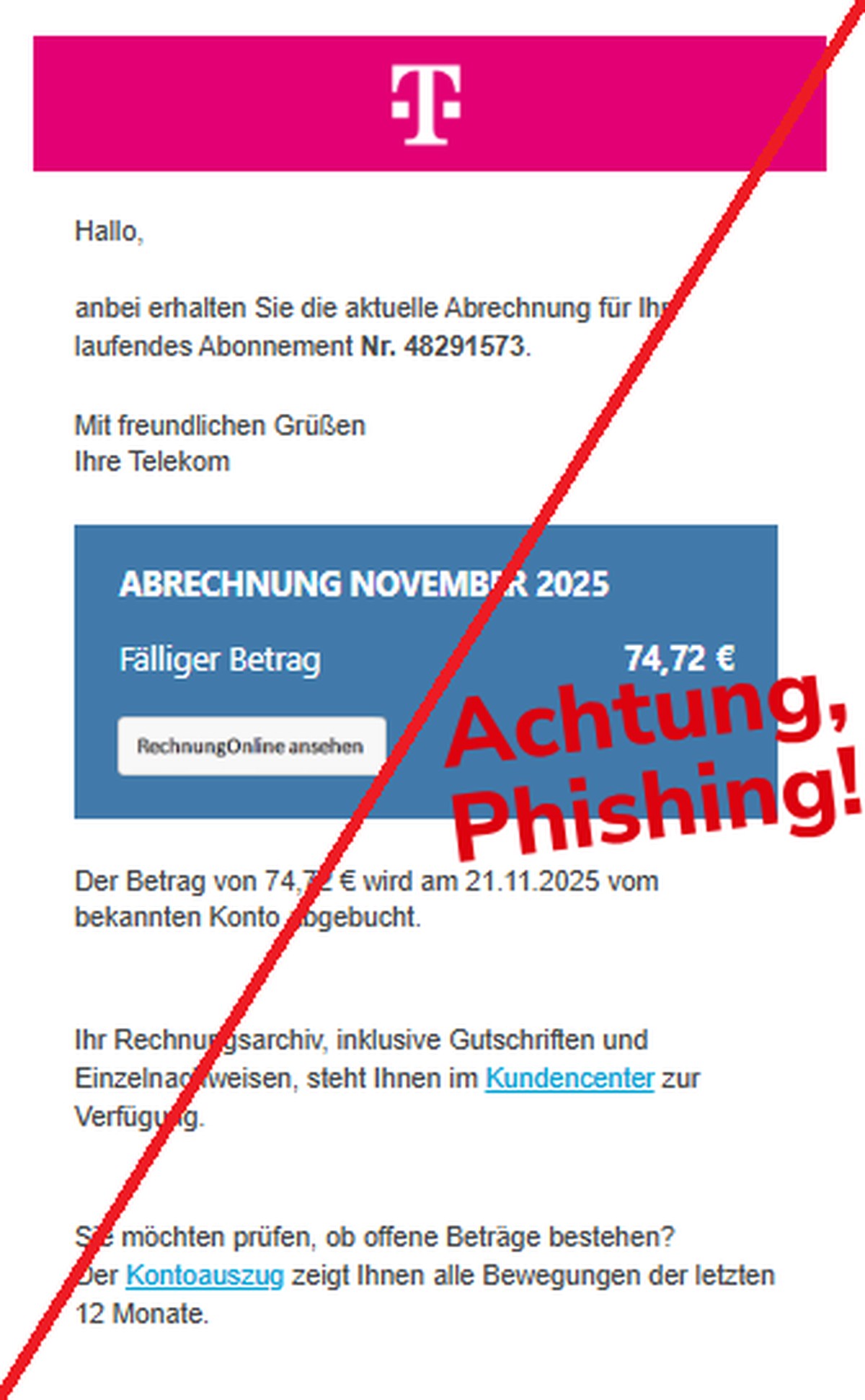 Vor dieser Mail an Telekom-Kunden warnt die Verbraucherzentrale.
