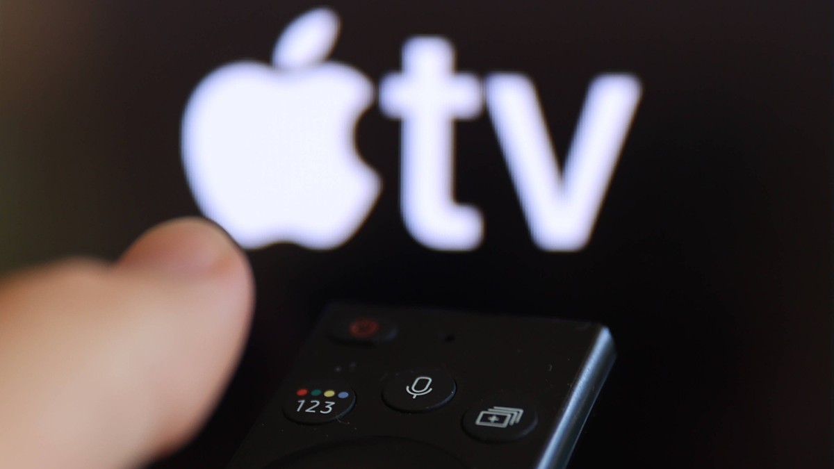 Streaming Services Logo Photo Illustrations Apple TV logo displayed on a tv screen and a tv remote control are seen in this illustration photo taken in Poland on August 6, 2024. SuÅkowice Poland PUBLI ...