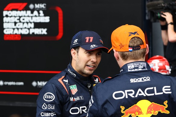 F1 Belgian Grand Prix 2023 Sergio Perez and Max Verstappen of Red Bull Racing after the Formula 1 Belgian Grand Prix at Spa-Francorchamps in Spa, Belgium on July 30, 2023. Spa Belgium PUBLICATIONxNOTx ...