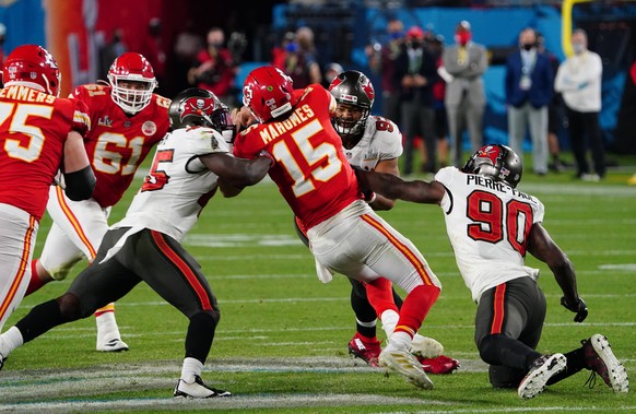 Kansas City Chiefs quarterback Patrick Mahomes 15 is sacked in the fourth quarter of Super Bowl LV against the Tampa Bay Buccaneers at Raymond James Stadium in Tampa, Florida on Sunday, February 7, 20 ...