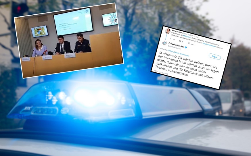 Die Pressekonferenz der Polizei München (links). Rechts der Twitterstreit zwischen der Polizei und einer AfD-Politikerin.