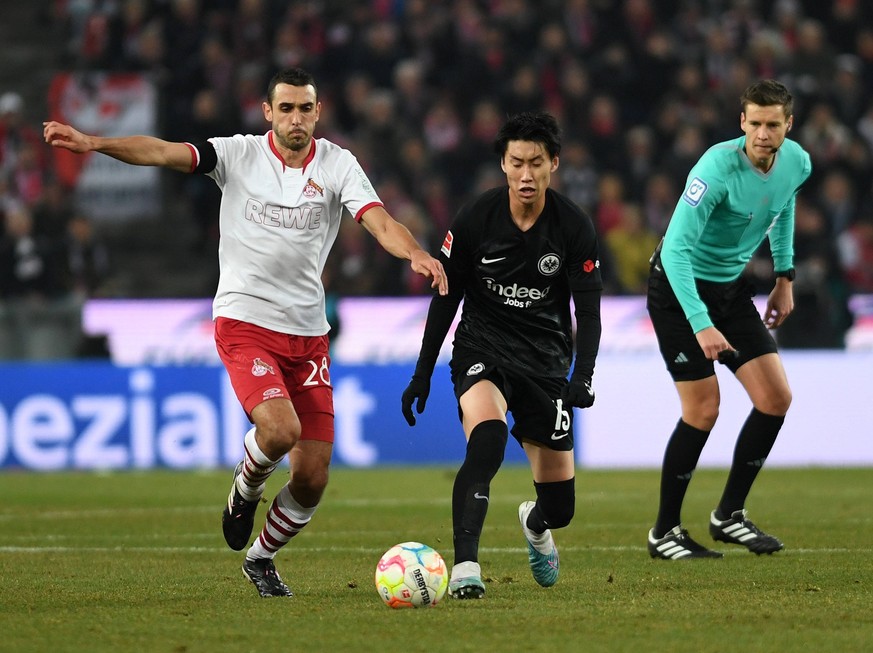 12.02.2023, Cologne, Germany, RheinEnergieStadion, 1. FC Koeln vs Eintracht Frankfurt - 1. Bundesliga, Ellyes Skhiri 1. FC Koeln und Daichi Kamada Eintracht Frankfurt im Zweikampf Foto Ralf Treese, Ra ...