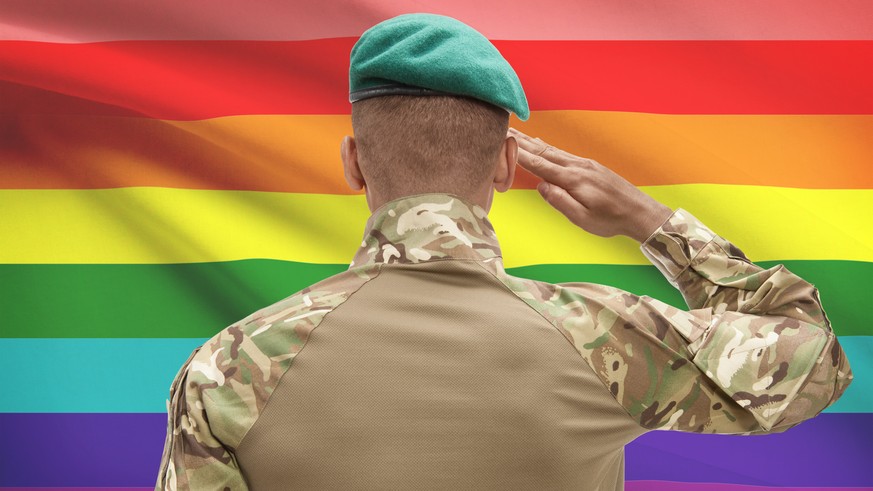 Dark-skinned soldier in hat facing national flag series - LGBT people