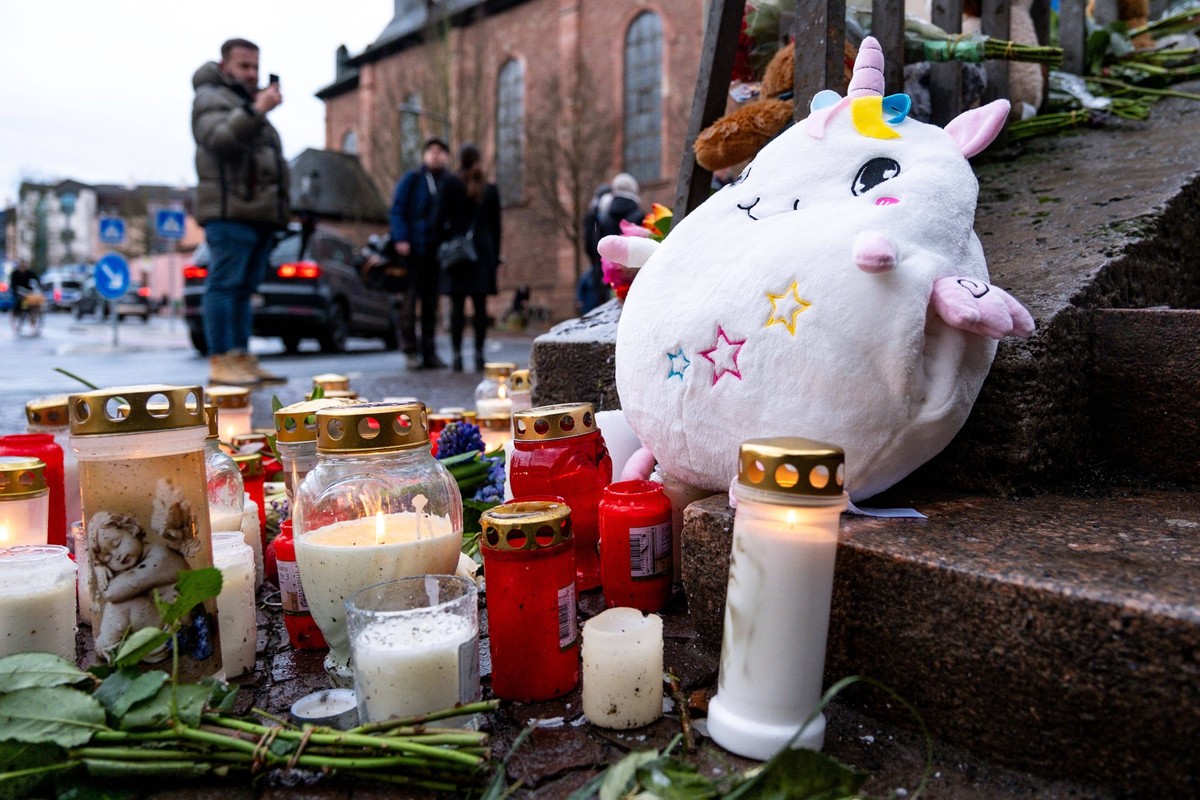 Aschaffenburg Nach der Messerattacke in Aschaffenburg. Trauerkerzen, Blumen und Kuscheltiere liegen am eingang vom Park Sch�ntal nachdem am 22. Januar 2025 in Aschaffenburg zwei Menschen, darunter ein ...