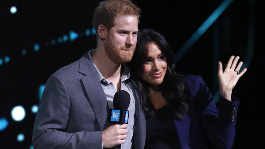 LONDON, ENGLAND - MARCH 06: Prince Harry, Duke of Sussex and Meghan, Duchess of Sussex speak on stage during WE Day UK 2019 at The SSE Arena on March 06, 2019 in London, England. (Photo by John Philli ...