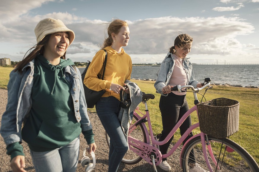 IMAGO Creative: Jahreszeit Frühling, Picknick IMAGO Creative: Landleben - Alfresco, Draußen IMAGO Creative: Digitale Welt, Verzicht auf Technologie Happy female friends with bicycle walking at lakesho ...