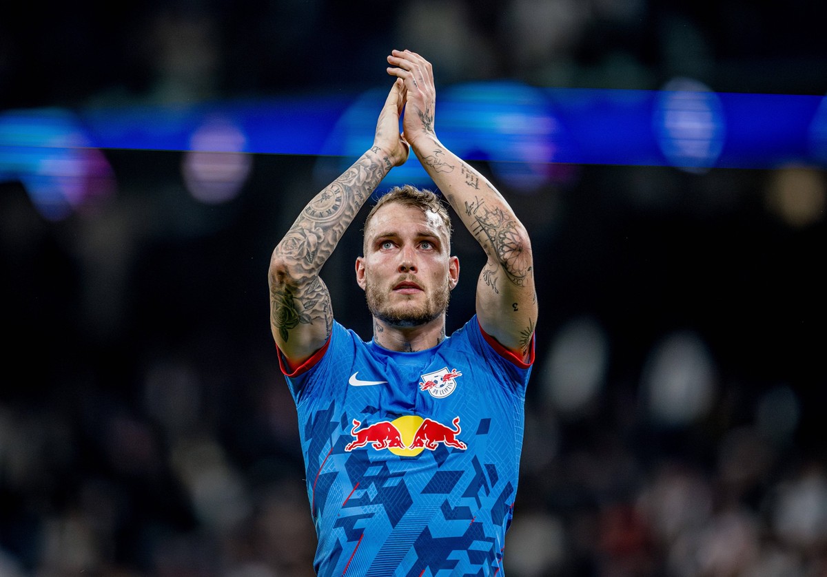 Leipzigs David Raum. Fussball UEFA Champions League, Achtelfinale Rueckspiel: Real Madrid - RB Leipzig 1:1. 6. Maerz 2024: Madrid, Estadio Santiago Bernabeu. Real Madrid - RB Leipzig 1:1 *** Leipzigs  ...