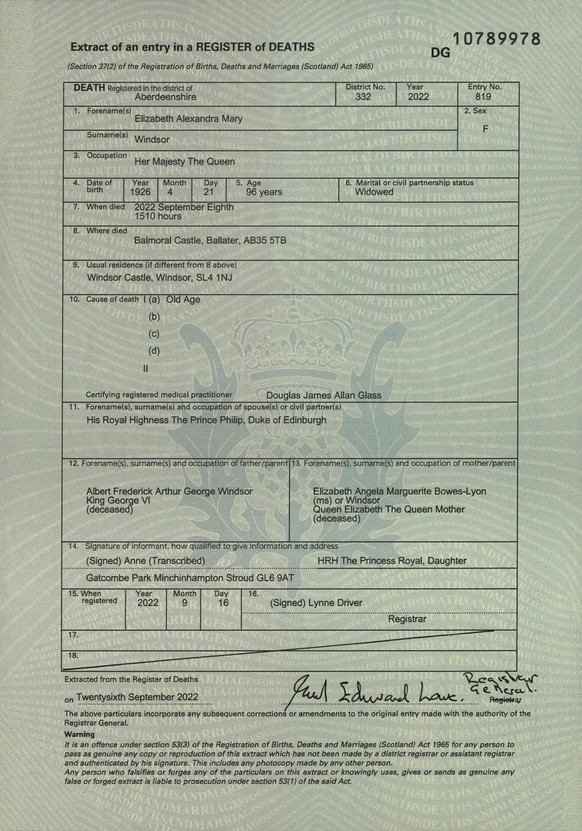 This undated photo issued on Thursday Sept. 29, 2022 by the National Records of Scotland, shows the death certificate of Queen Elizabeth II. The queen's death certificate says the 96-year-old monarch  ...