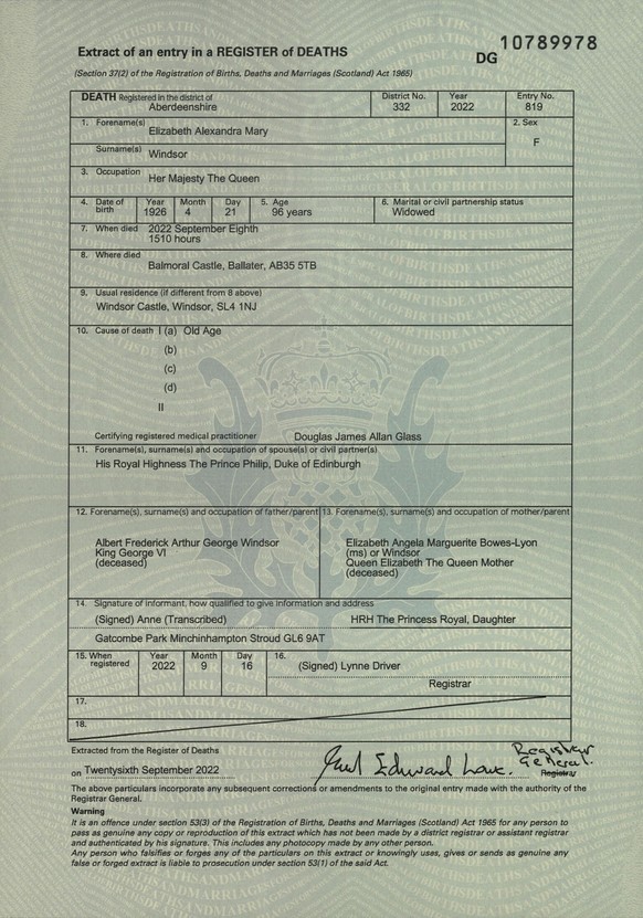 This undated photo issued on Thursday Sept. 29, 2022 by the National Records of Scotland, shows the death certificate of Queen Elizabeth II. The queen's death certificate says the 96-year-old monarch ...