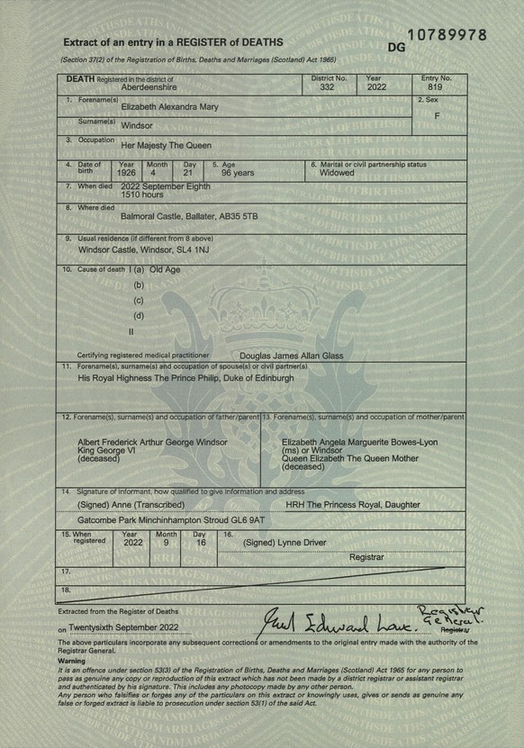 This undated photo issued on Thursday Sept. 29, 2022 by the National Records of Scotland, shows the death certificate of Queen Elizabeth II. The queen&#039;s death certificate says the 96-year-old mon ...