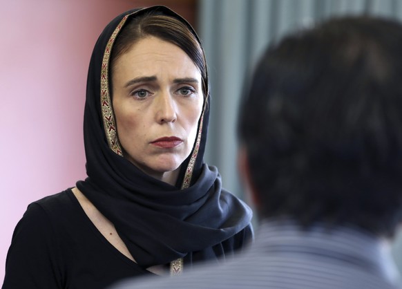 In this photo released by New Zealand Prime Minister&#039;s Office, Prime Minister Jacinda Ardern speaks to representatives of the Muslim community, Saturday, March 16, 2019 at the Canterbury Refugee  ...