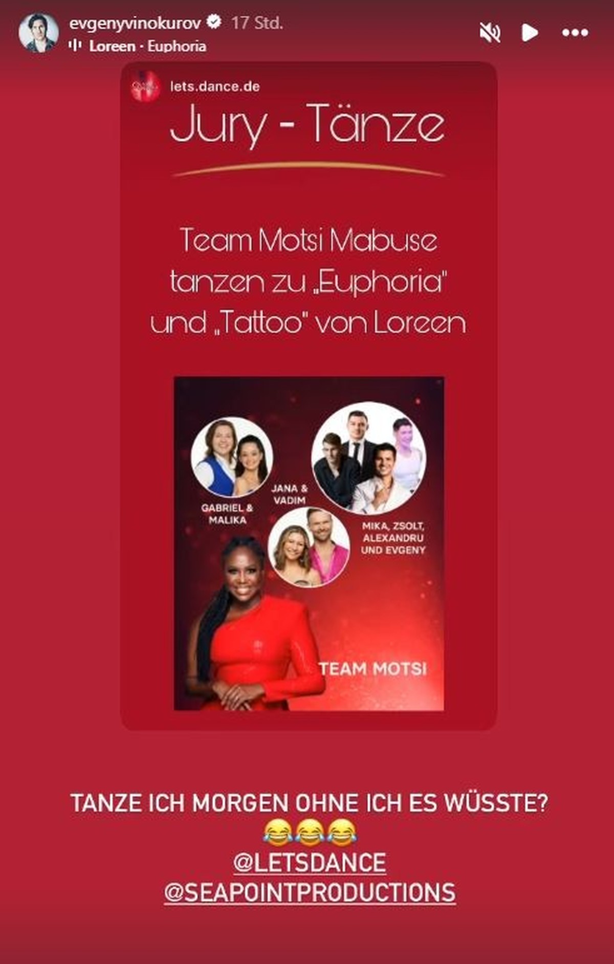 Evgeny wird mit einem Foto im Team Motsi gezeigt.
