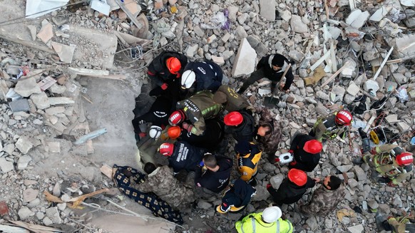Rescue Teams Work Non Stop To Save Survivors From Earthquake In Hatay A drone view of rescue teams working non stop to save survivors from Earthquake in Hatay, Turkey, on February 10, 2023. After 108  ...