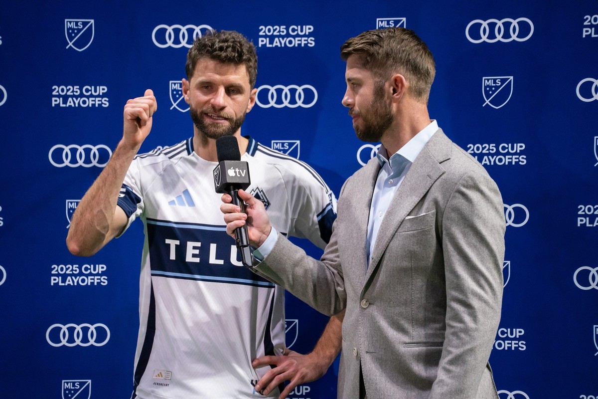 November 22, 2025, Vancouver, British Columbia, Canada: Thomas Muller (13 Vancouver Whitecaps FC) speaks to the media after winning the Major League Soccer Cup Playoffs Western Conference Semifinal ma ...