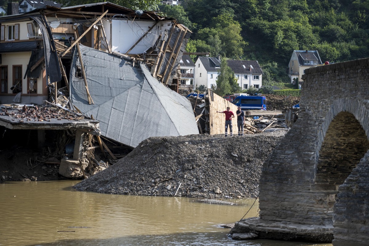 RECH, GERMANY - AUGUST 04: Destroyed houses, roads and a bridge pictured during ongoing cleanup efforts in the Ahr Valley region following catastrophic flash floods on August 04, 2021 in Rech, Germany ...