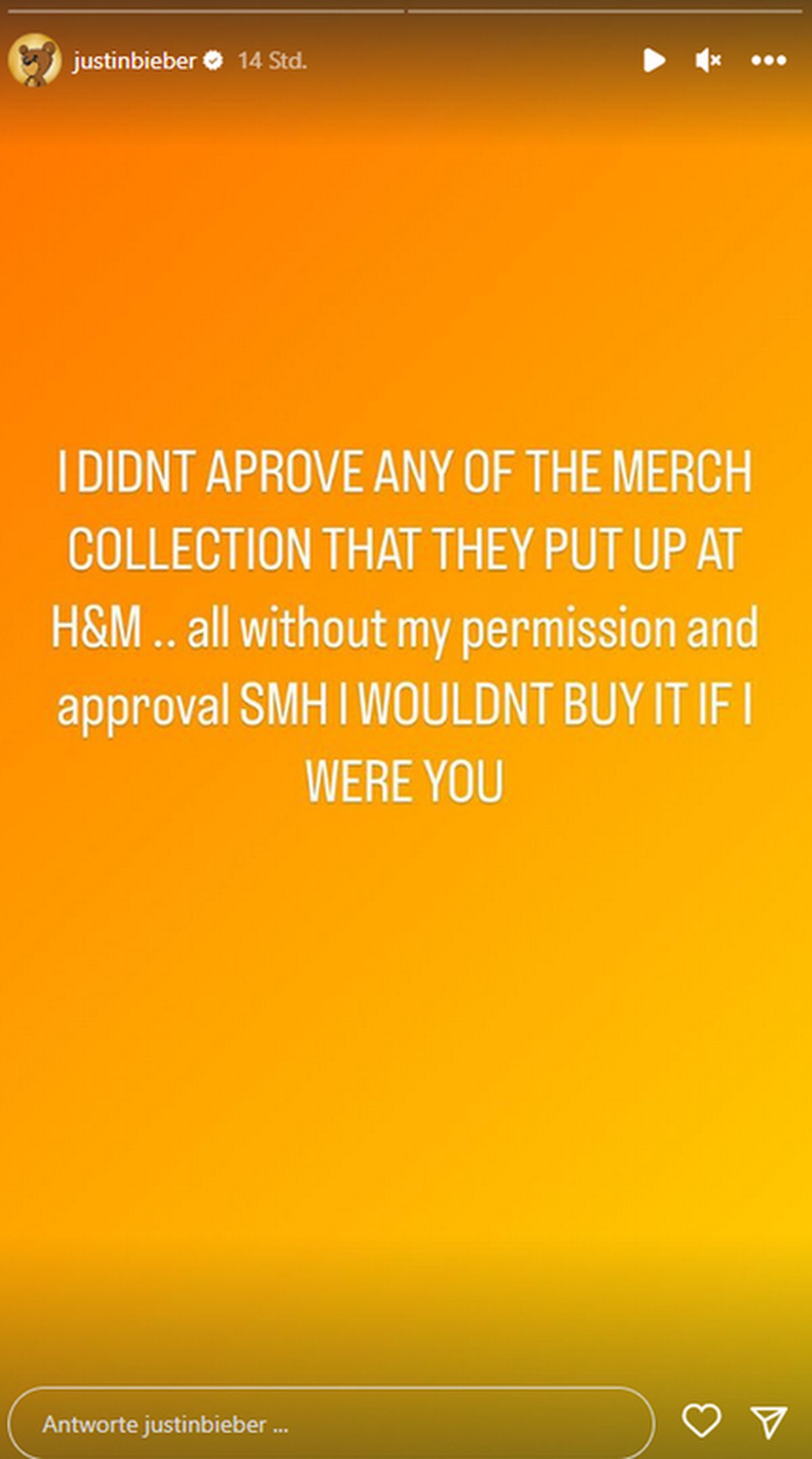 Justin Bieber regte sich auf Instagram über H&amp;M auf.