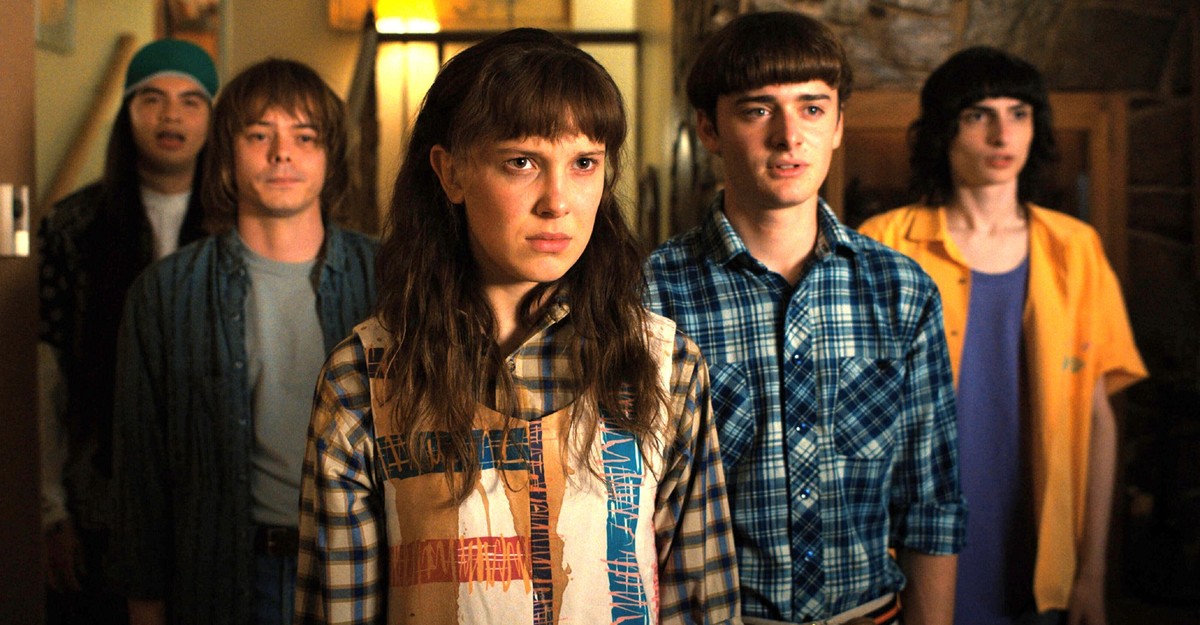 Stranger Things Season 4 2022 L to R Eduardo Franco as Argyle, Charlie Heaton as Jonathan, Millie Bobby Brown as Eleven, Noah Schnapp as Will Byers, and Finn Wolfhard as Mike Wheeler in Stranger Thing ...