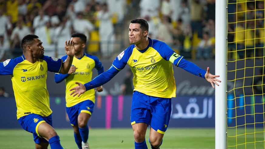 Al-Nassr FC vs Al-Ettifaq Club - SAFF Roshn Saudi Pro League 2023-24 Match Day 24 Cristiano Ronaldo of Al-Nassr FC celebrates his goal against Al-Raed FC during their SAFF Roshn Saudi Pro League 2023- ...