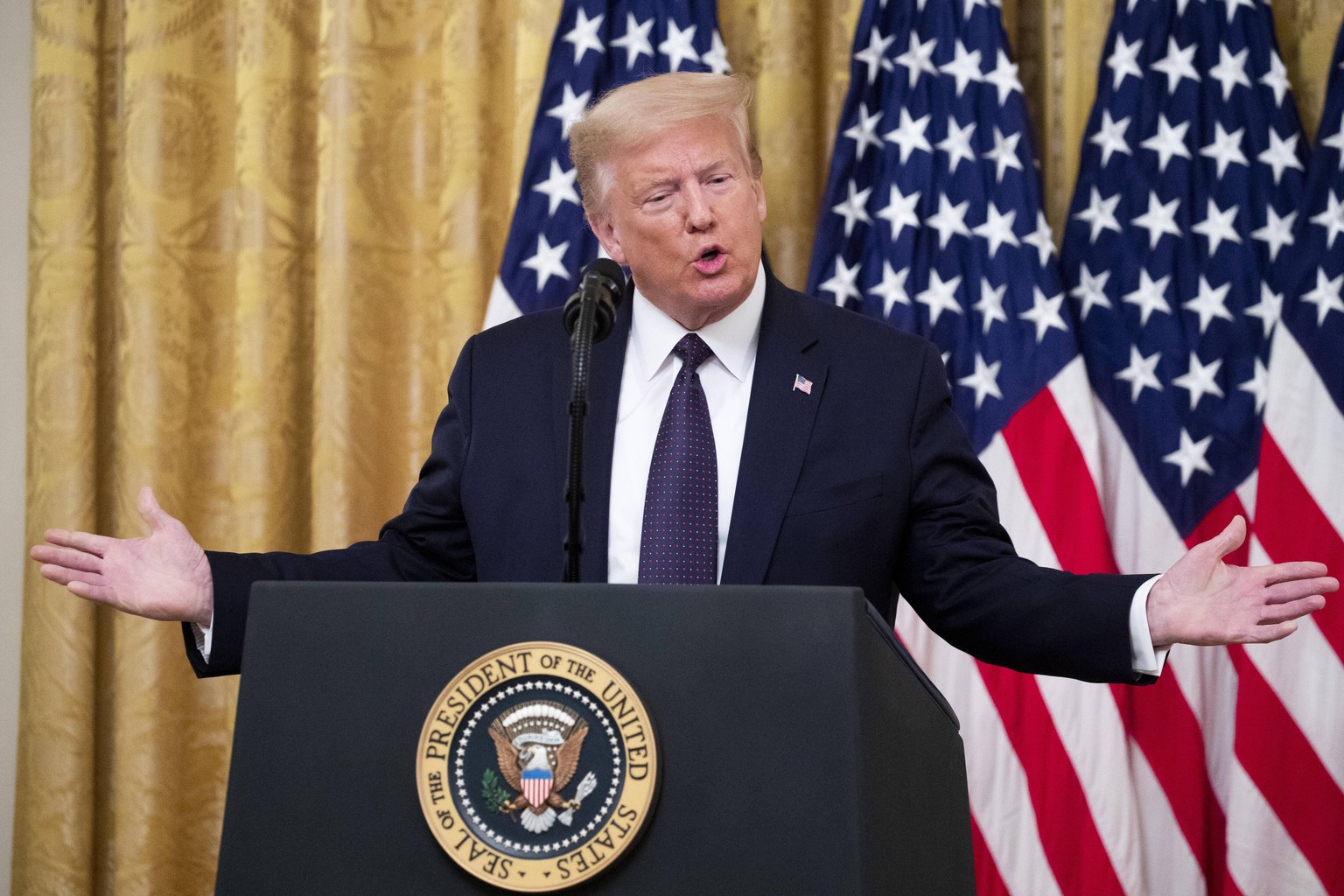 US President Donald J. Trump participates in an event held to introduce a plan to help prevent suicide among US veterans, in the East Room of the White House in Washington, DC, USA, 17 June 2020. US v ...