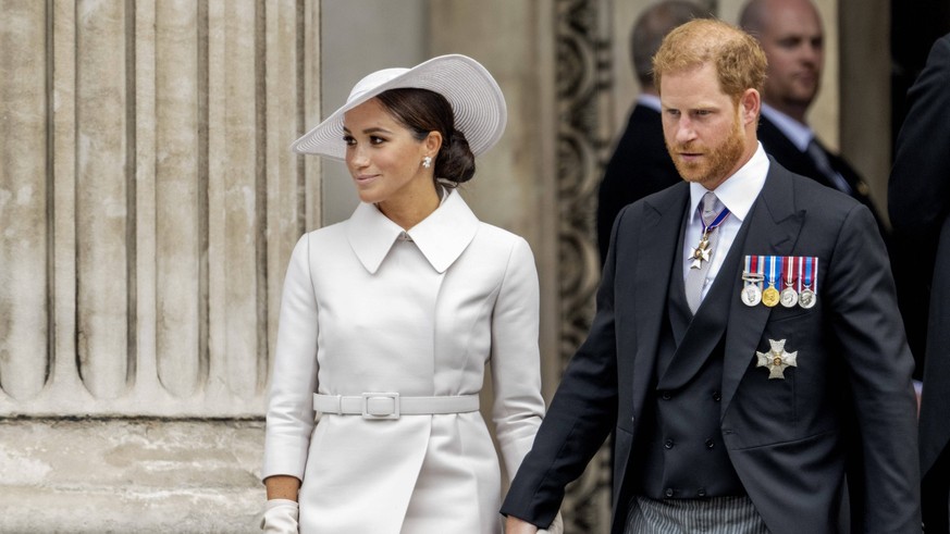 03-06-2022 England Prince Harry, Duke of Sussex and Meghan Markle, Duchess of Sussex leaving the national service of thanksgiving for the Queen her reign as part of her platinum jubilee celebrations a ...