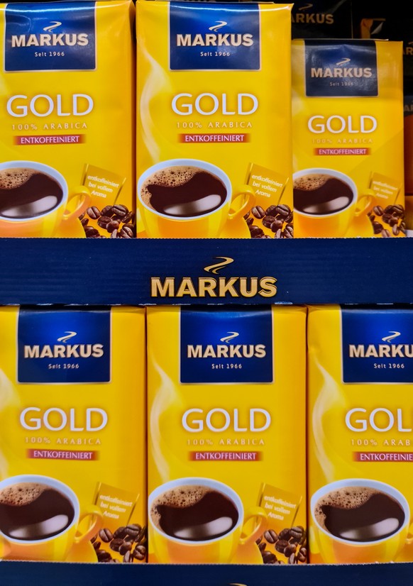 Kiel,Germany - 20 August 2022: Numerous packages of Markus brand coffee on a supermarket shelf., Kiel, Germany - 20 August 2022: Numerous packages of Markus brand coffee on a supermarket shelf, Kiel,  ...