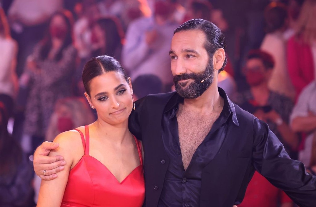 COLOGNE, GERMANY - MAY 13: Amira Pocher and Massimo Sinató are seen on stage during the 11th show of the 15th season of the television competition show "Let's Dance" at MMC Studios on M ...