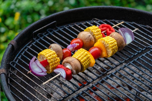 Colorful vegetable skewer on a charcoal grill.Healthy food at a barbecue party.