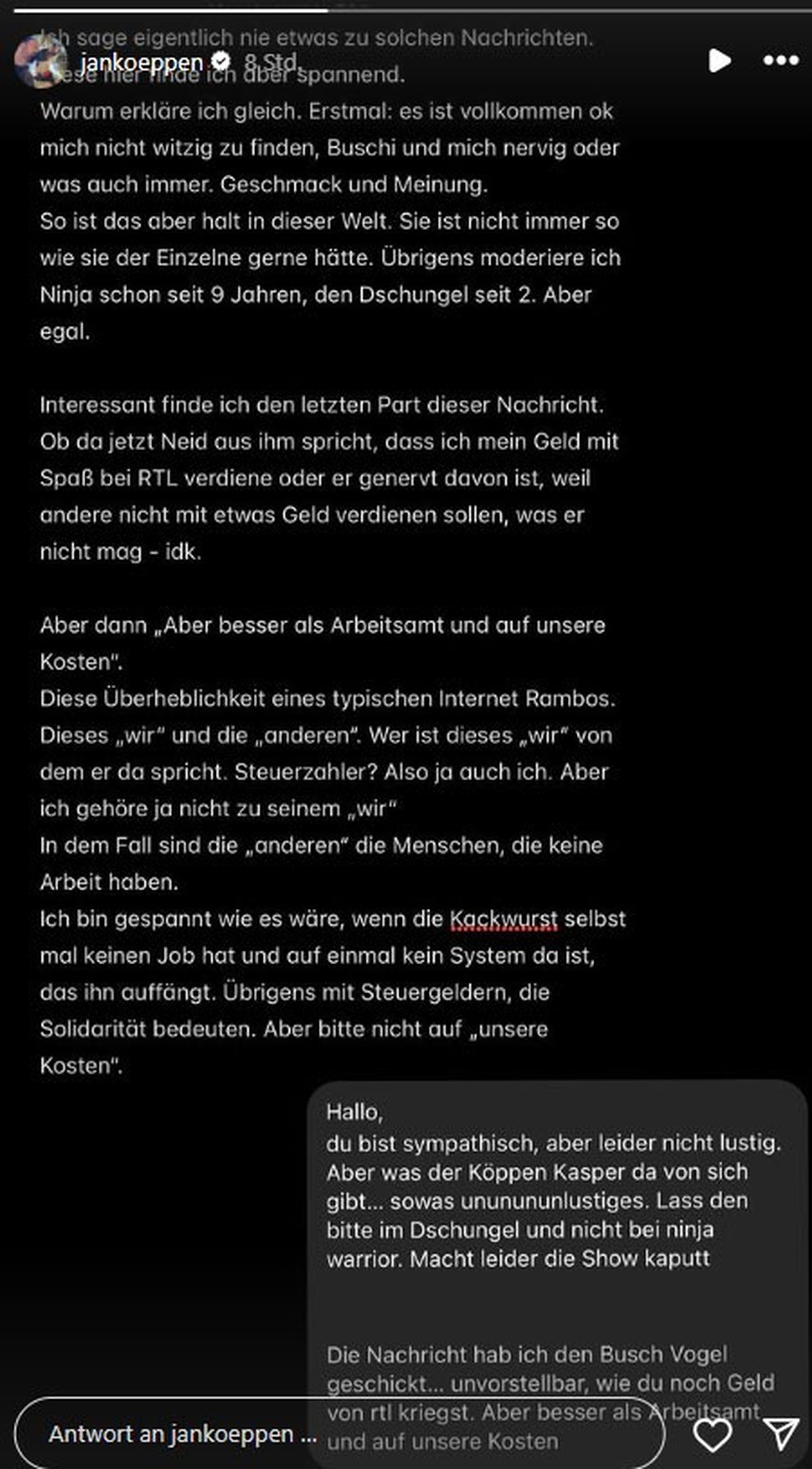 Jan Köppen reagiert auf die Nachricht eines Zuschauers.
