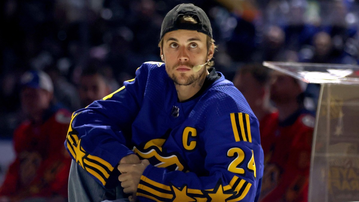 TORONTO, ONTARIO - FEBRUARY 01: Justin Bieber participates in the Tim Horton's NHL All-Star Player Draft at Scotiabank Arena on February 01, 2024 in Toronto, Ontario. (Photo by Dave Sandford/NHLI ...