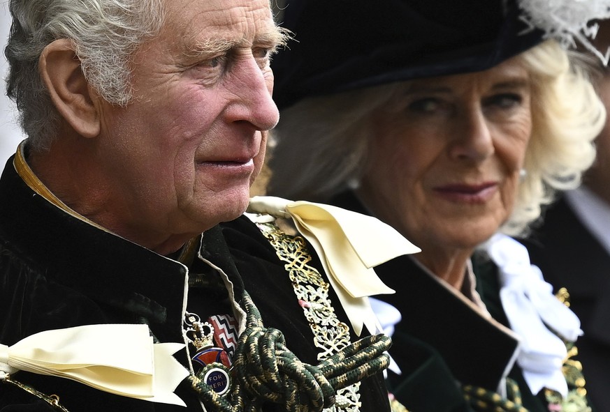 Britain&#039;s King Charles III, left, and Britain&#039;s Queen Camilla leave following a National Service of Thanksgiving and Dedication for King Charles III and Queen Camilla, and the presentation o ...
