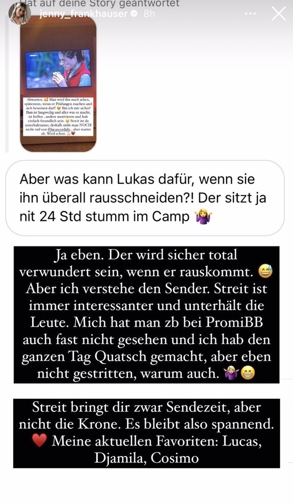 Nach wie vor zählt Lucas zu den Favoriten von Jenny Frankhauser.